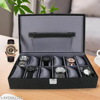 ANAGOL Trendy Men's Women's 12-Slot Watch Case Removable Watch Pillows, Watch Boxes Organizer, Gift for Loved Ones, Leatherette Black&Grey (DavNey)